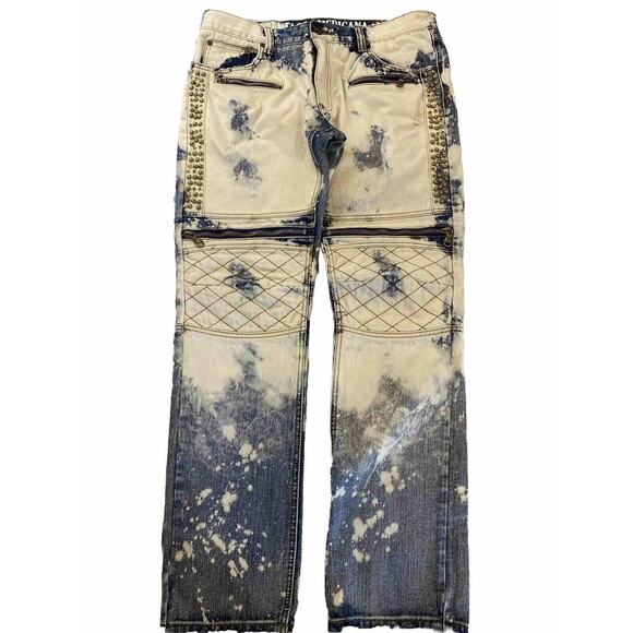 Vintage Americana Jeans Mens 38x34 Blue Distressed Tie Dye Studs Jewels Y2K - Picture 1 of 14